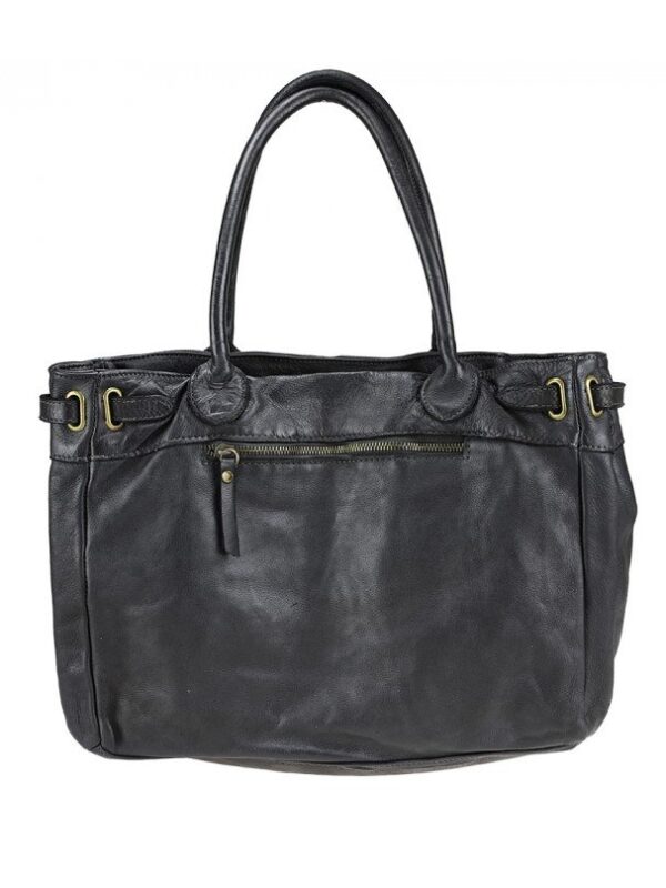 vista trasera del bolso de cuero negro efecto vintage con bolsillo con cremallera cremallera