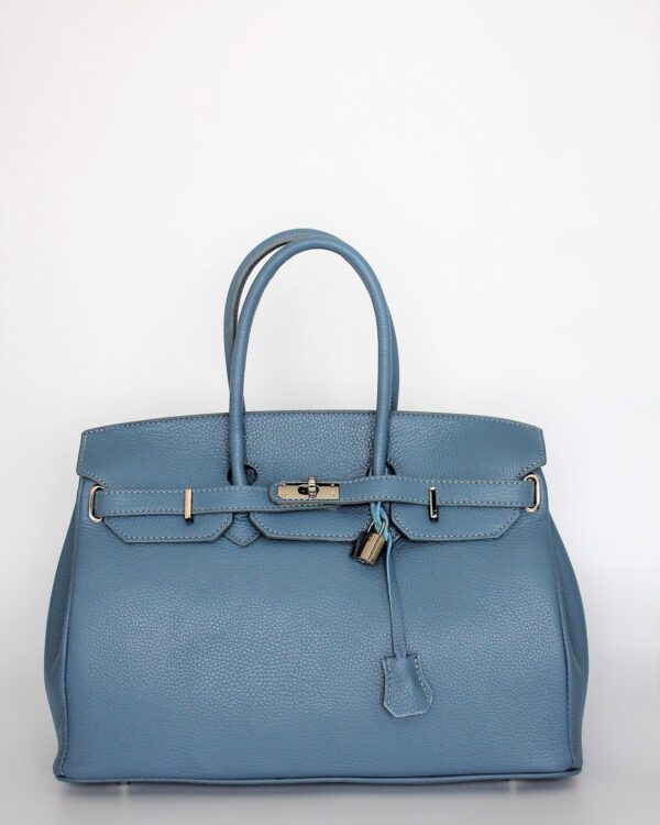 bolso con candado icónico azul vista frontal con detalle del candado