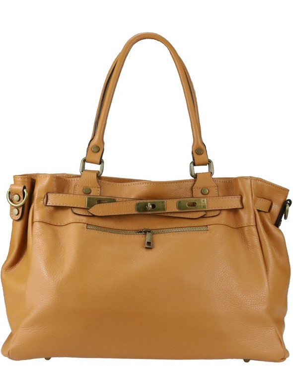 bolso tote grande estructurado con decoración de cintas de piel vista de frente