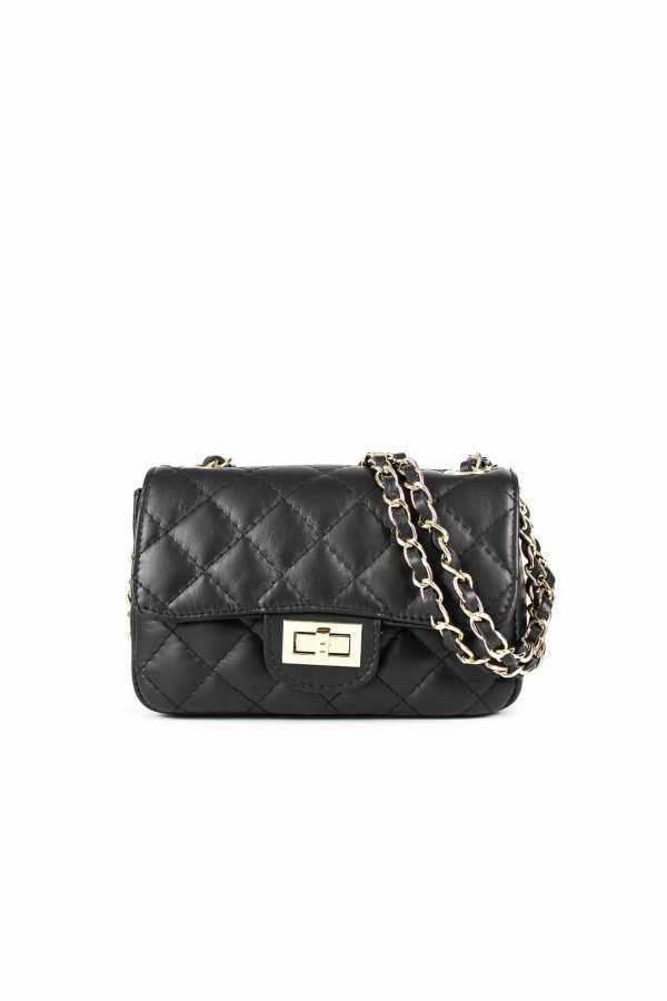 bolso piel acolchado pequeño vista de frente detalle del asa de cadena