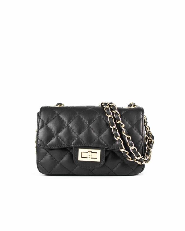 bolso piel acolchado pequeño vista de frente detalle del asa de cadena