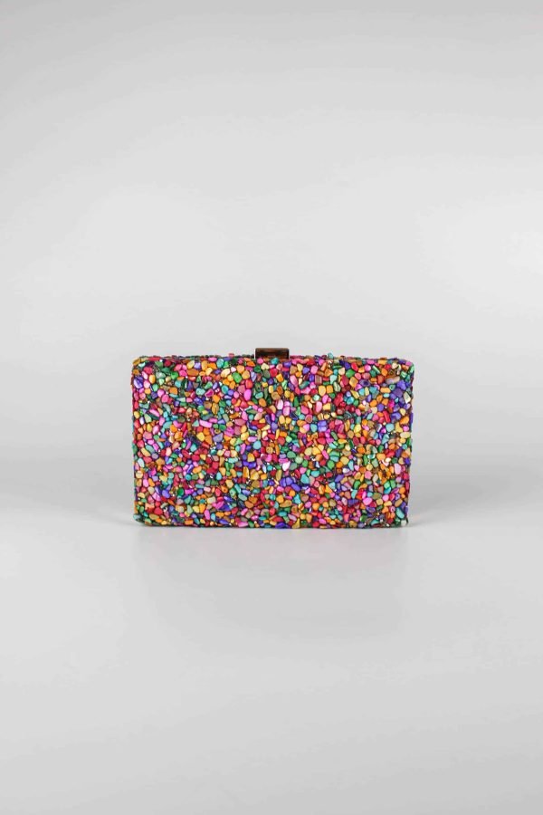 Bolso de fiesta de pedrería sintética con piedras de colores vista de frente