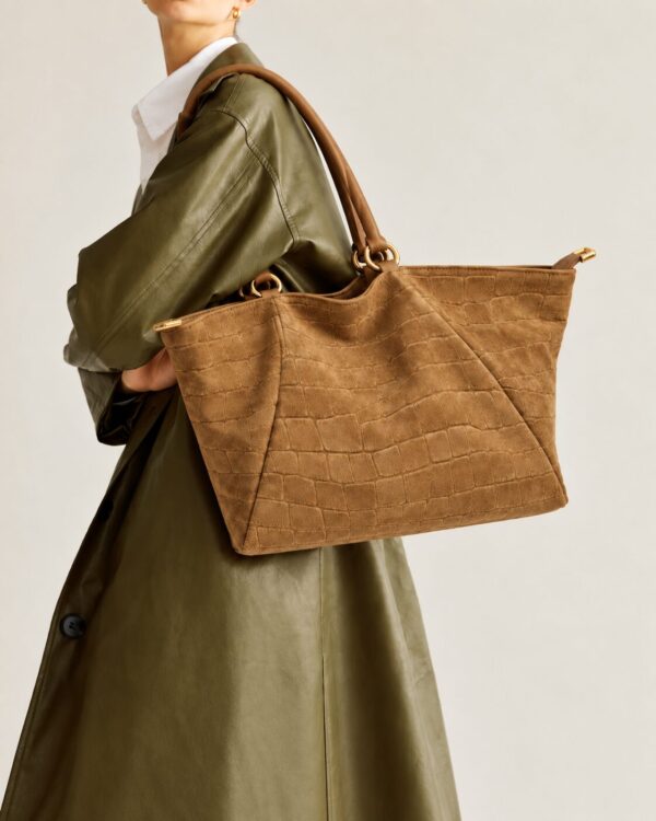 Modelo portando el Bolso shopper Arezzo camel de ante colgado del hombro con un look de tendencia