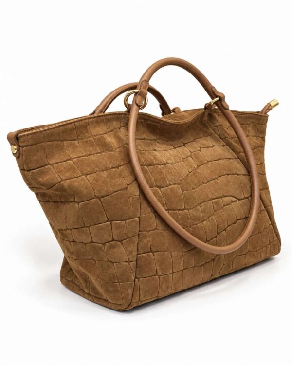 Bolso shopper XL Arezzo de ante camel efecto cocodrilo vista lateral