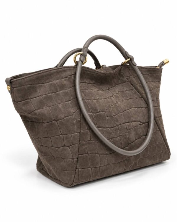 Bolso shopper XL Arezzo de ante marrón chocolate efecto cocodrilo vista lateral